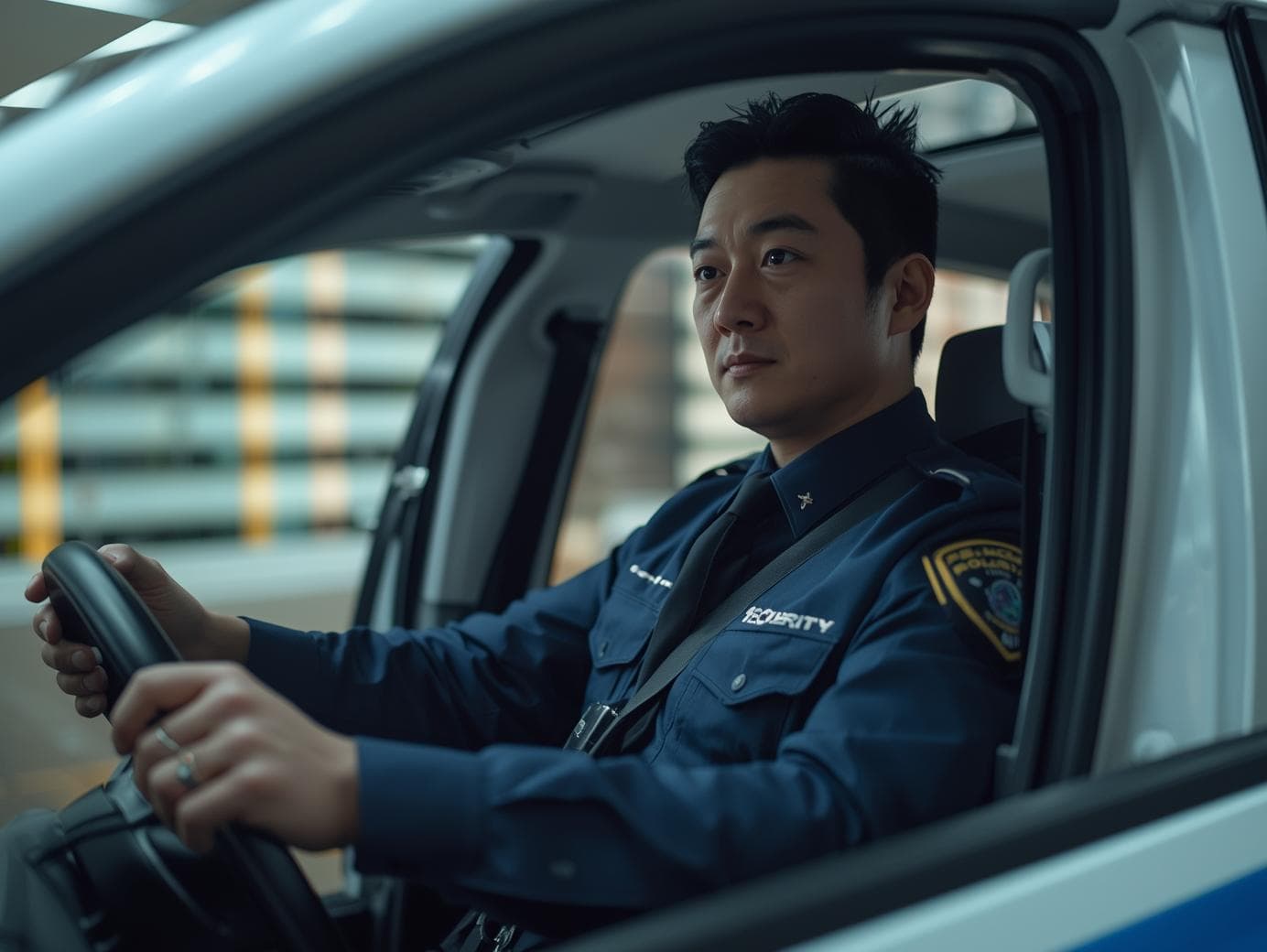 車両でビルを巡回する施設警備 1